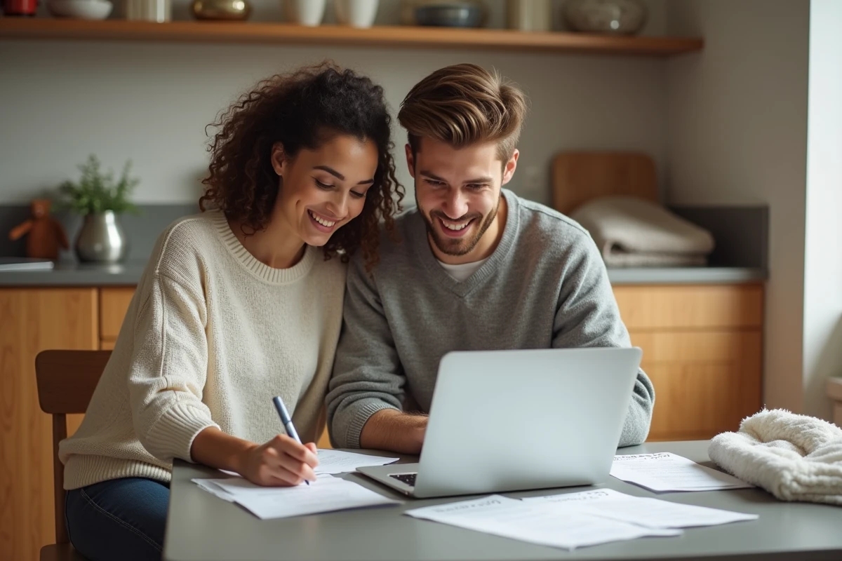 Jeune couple consulte une liste de naissance à la maison