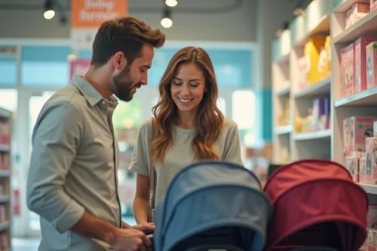 Jeune couple compare deux poussettes modernes en magasin