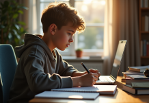 Jeune étudiant concentré sur son ordinateur à la maison