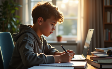 L’aide aux devoirs en ligne : un levier pour améliorer les résultats scolaires Jeune étudiant concentré sur son ordinateur à la maison