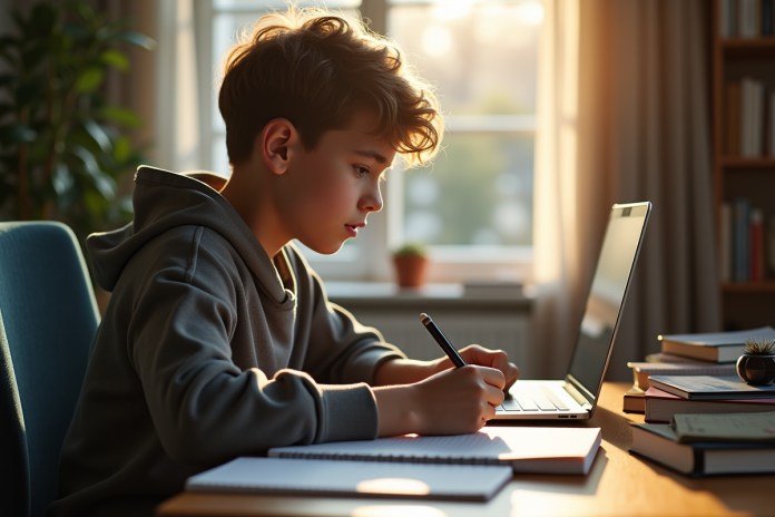 Jeune étudiant concentré sur son ordinateur à la maison