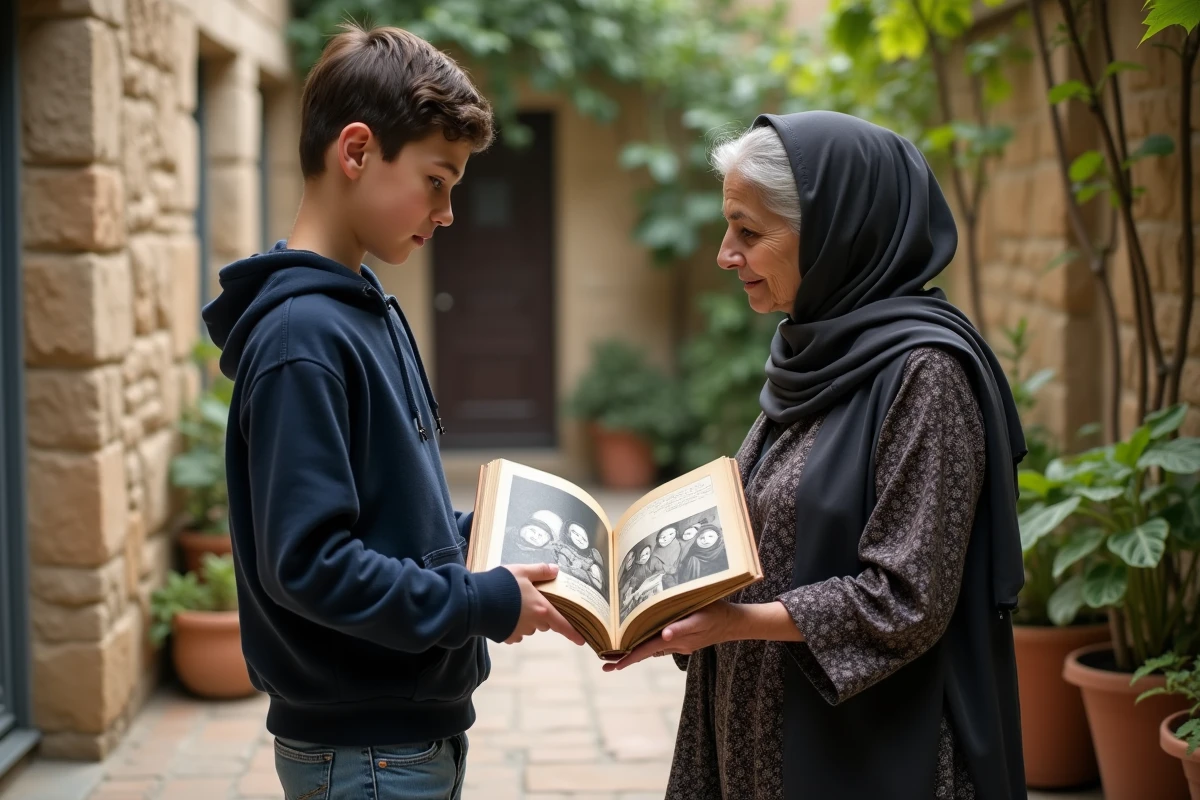 Adolescent regardant un album photo avec une femme en cour intérieure