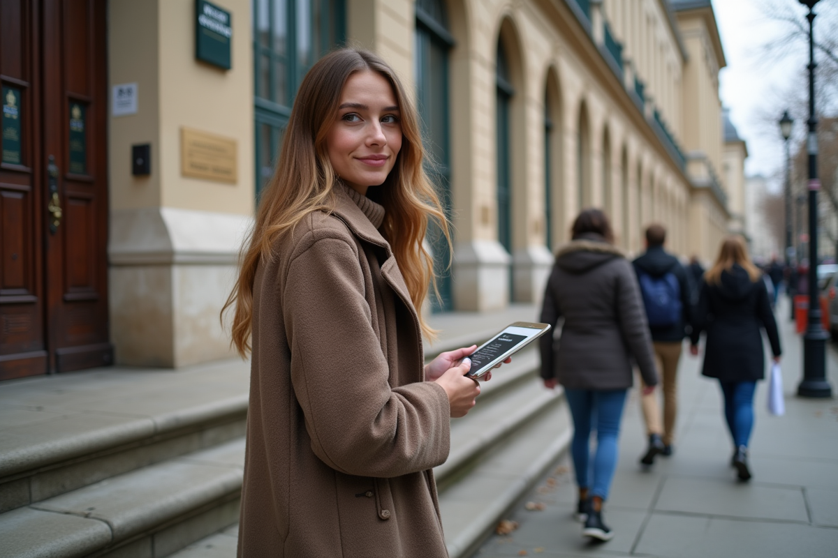 Jeune femme consultante un panneau de plainte en ville
