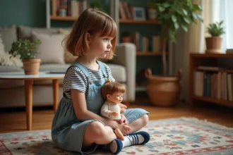 Jeune fille assise sur un tapis dans un salon chaleureux