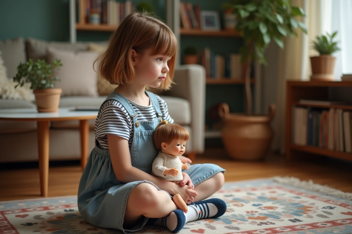Jeune fille assise sur un tapis dans un salon chaleureux