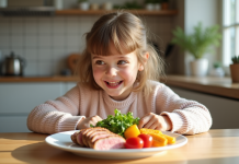 Viande pour enfants : meilleure option nutritionnelle pour repas sains! Jeune fille souriante dégustant un plat sain à la maison