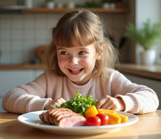Jeune fille souriante dégustant un plat sain à la maison