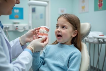 Jeune fille en salle dentaire avec dentiste montrant un modele