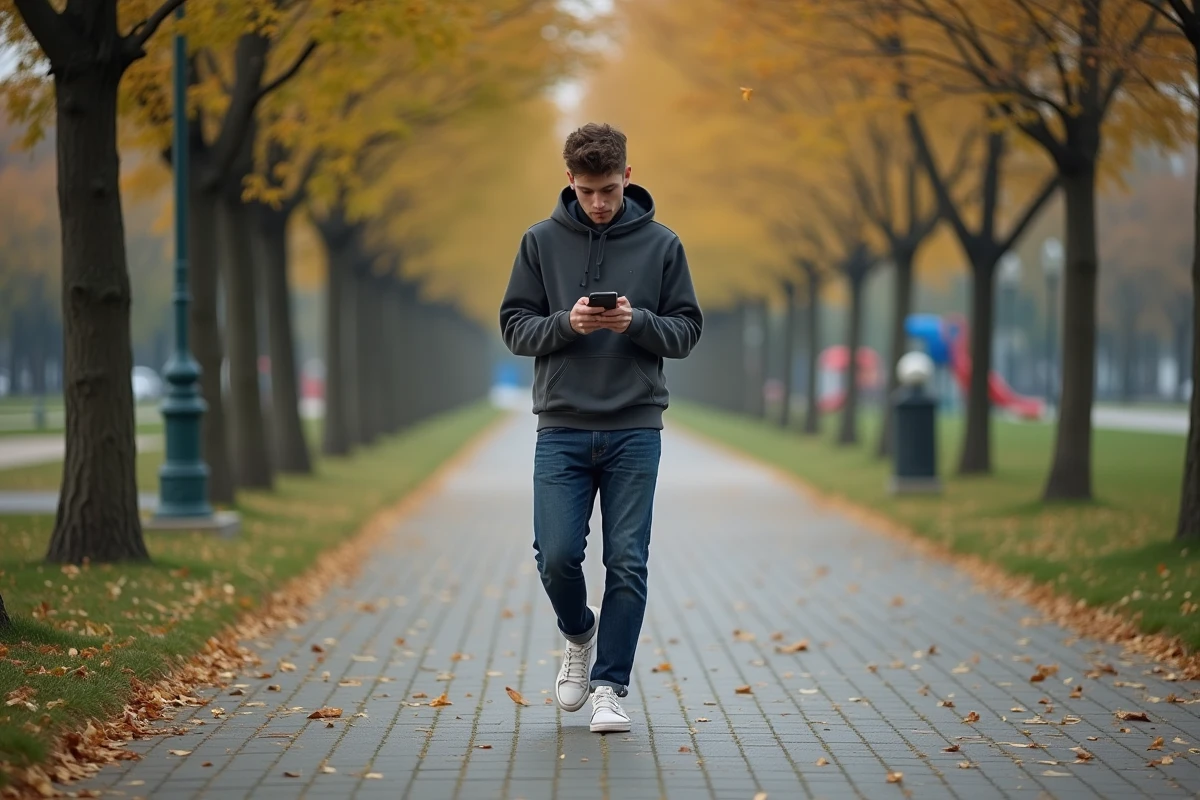 Jeune homme marche dans un parc en ville avec son téléphone
