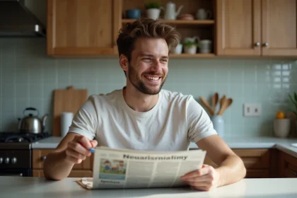 Jeune homme mangeant petit déjeuner dans une cuisine urbaine
