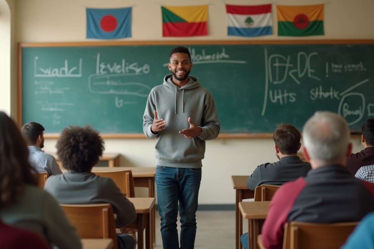 Jeune homme en classe présentant devant seniors et adolescents