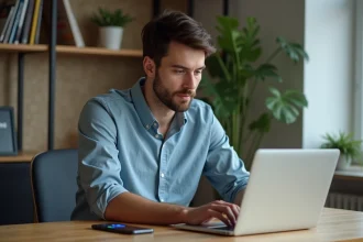 Jeune homme vérifiant ses paramètres de confidentialité sur son ordinateur portable