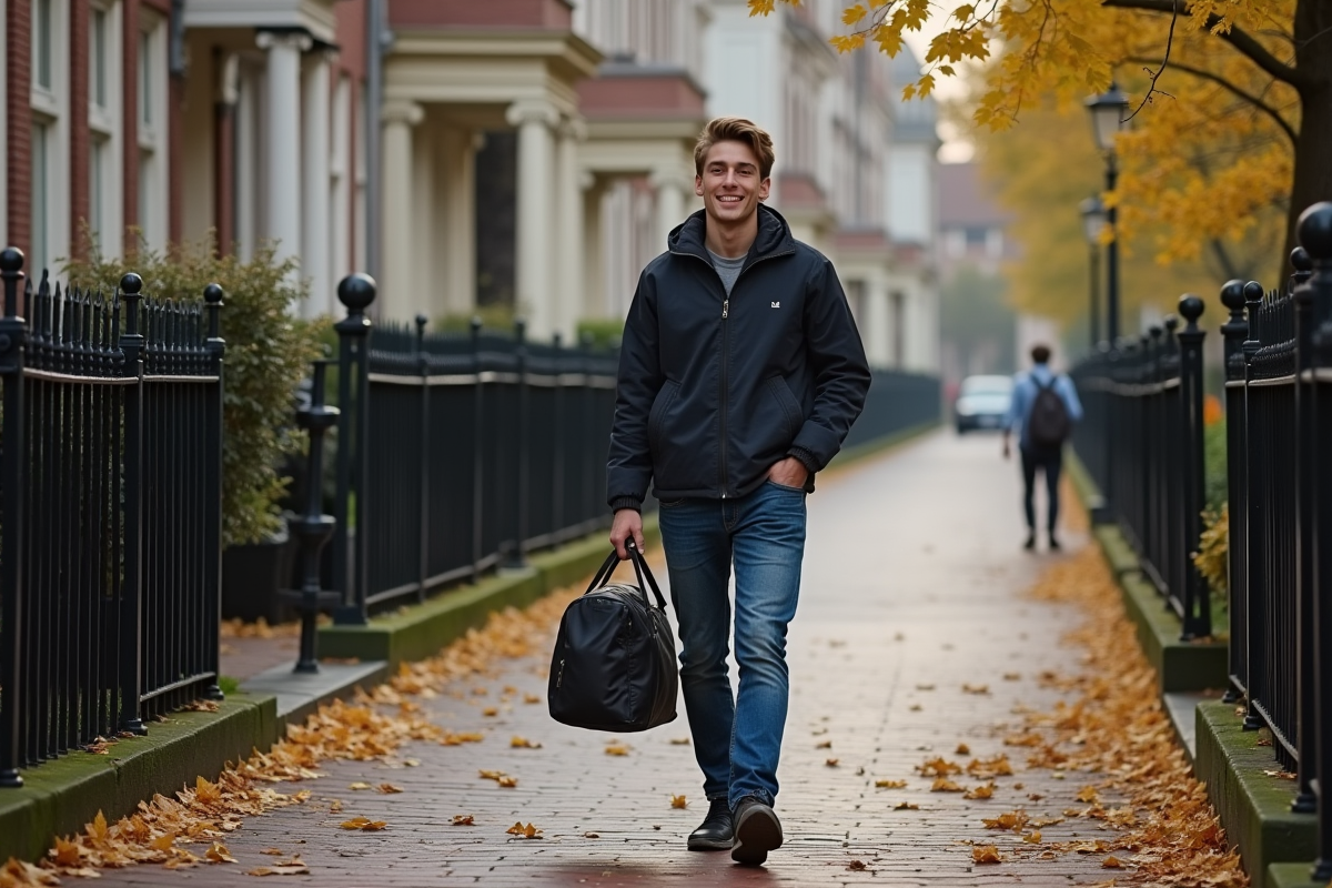 Jeune homme belge quittant une maison en automne avec un sac