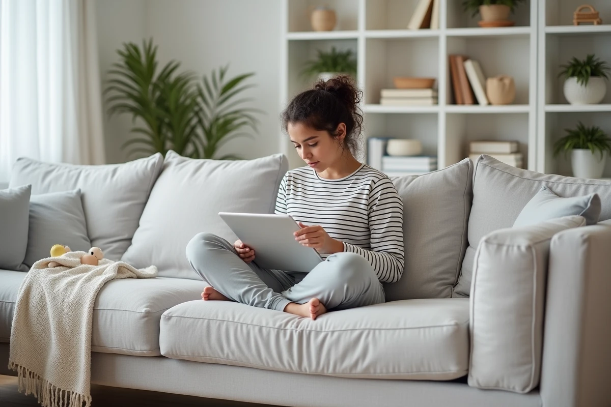 Jeune maman consultant un blog de conseils parentaux sur une tablette dans son salon