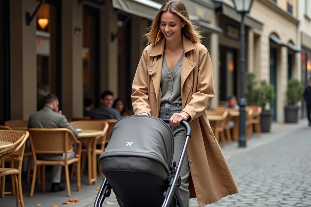 Femme élégante et jeune mère se promenant avec une poussette sur un trottoir parisien en automne, style de vie urbain et maternel