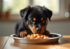 Jeune chiot Rottweiler mangeant dans une cuisine lumineuse