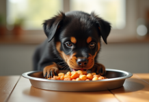 Jeune chiot Rottweiler mangeant dans une cuisine lumineuse