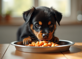 Jeune chiot Rottweiler mangeant dans une cuisine lumineuse
