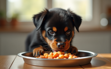 Jeune chiot Rottweiler mangeant dans une cuisine lumineuse