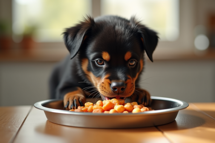 Jeune chiot Rottweiler mangeant dans une cuisine lumineuse