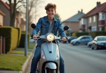 Âge idéal pour avoir un scooter : Que choisir ? Adolescent en denim sur scooter dans un quartier calme