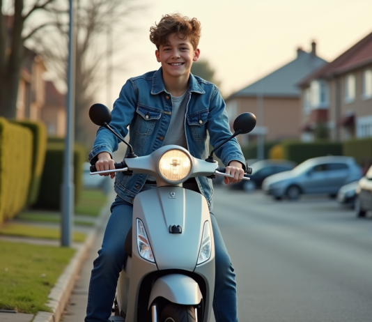 Âge idéal pour avoir un scooter : Que choisir ? Adolescent en denim sur scooter dans un quartier calme