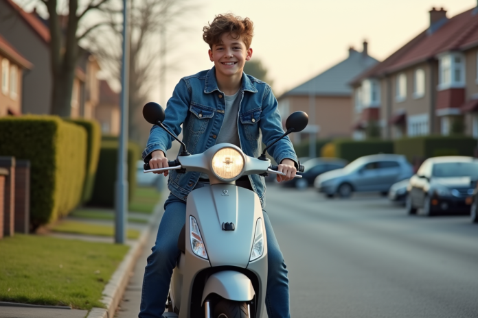 jeune-scooter-urbain Adolescent en denim sur scooter dans un quartier calme