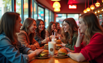 Restaurants branchés pour adolescents à Paris : les nouvelles tendances culinaires Jeunes branchés partageant burgers et milkshakes à Paris