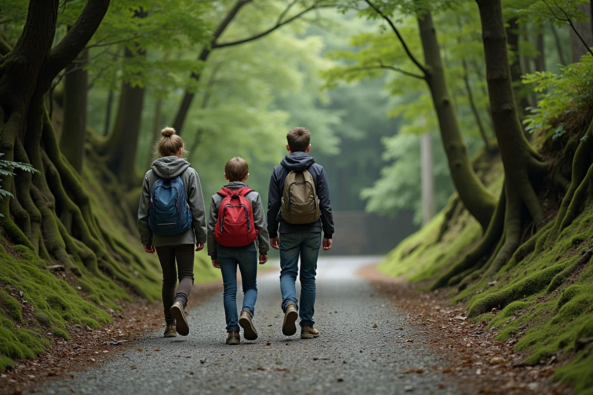 Groupe de jeunes marchant dans une forêt dense et verdoyante