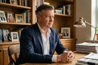 Journaliste et directeur de médias français dans son bureau privé entouré de livres et de photos de famille