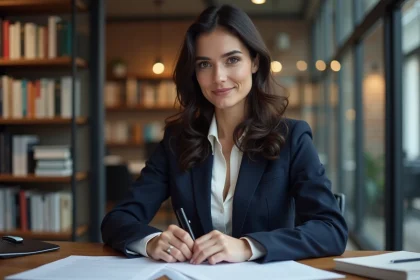 Journaliste française assise à son bureau éditorial avec des documents de presse et un micro, posture professionnelle et regard assuré
