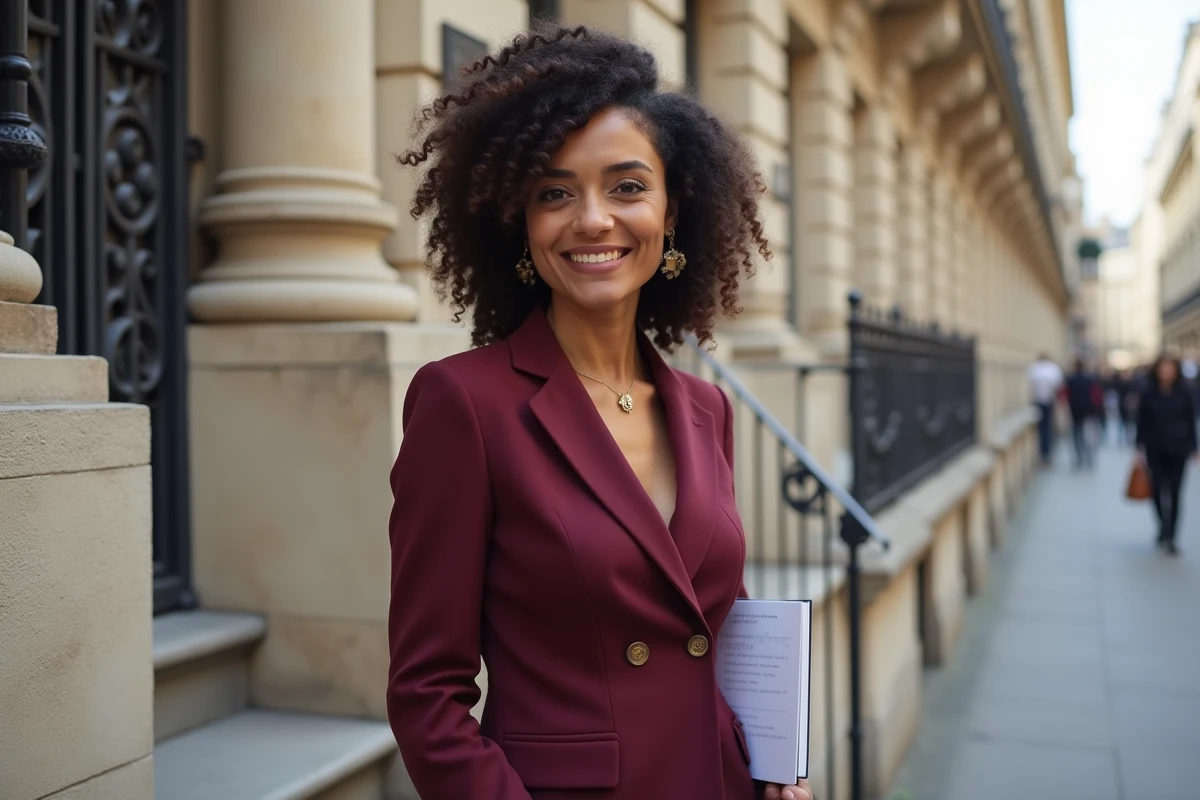 Journaliste française aux cheveux bouclés devant une façade haussmannienne à Paris, tenant un carnet de reporter, expression engagée