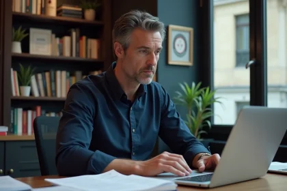Journaliste politique en plein travail dans son bureau parisien, incarnant la frontière entre vie professionnelle et vie privée