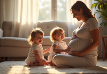 Jumeaux bébés assis avec leur mère enceinte dans un salon chaleureux
