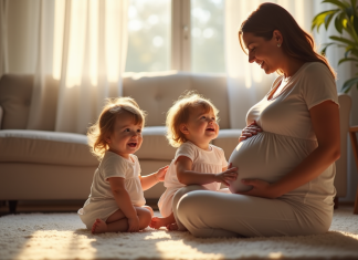Jumeaux bébés assis avec leur mère enceinte dans un salon chaleureux