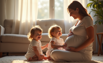 Annoncez avec des jumeaux : votre deuxième grossesse, quand ? Jumeaux bébés assis avec leur mère enceinte dans un salon chaleureux