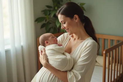 Katrina Patchett tenant tendrement son nouveau-né dans une chambre de bébé en bois naturel, portrait maternel doux et authentique
