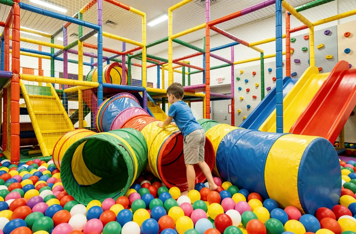 Jeune garçon jouant dans les structures gonflables colorées de Kids Paradise