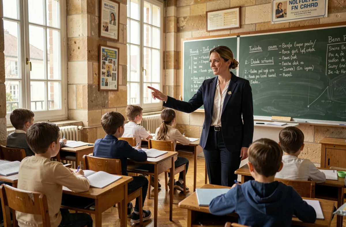 Enseignante devant un tableau dans une salle de classe d'école primaire privée à Nantes, illustrant le cadre structurant de La Perverie dès le primaire