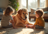Labrador à poil long jouant avec des enfants dans un salon lumineux