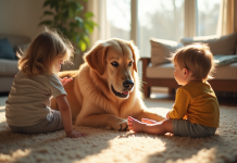 Labrador à poil long jouant avec des enfants dans un salon lumineux