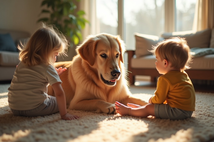 Labrador à poil long jouant avec des enfants dans un salon lumineux
