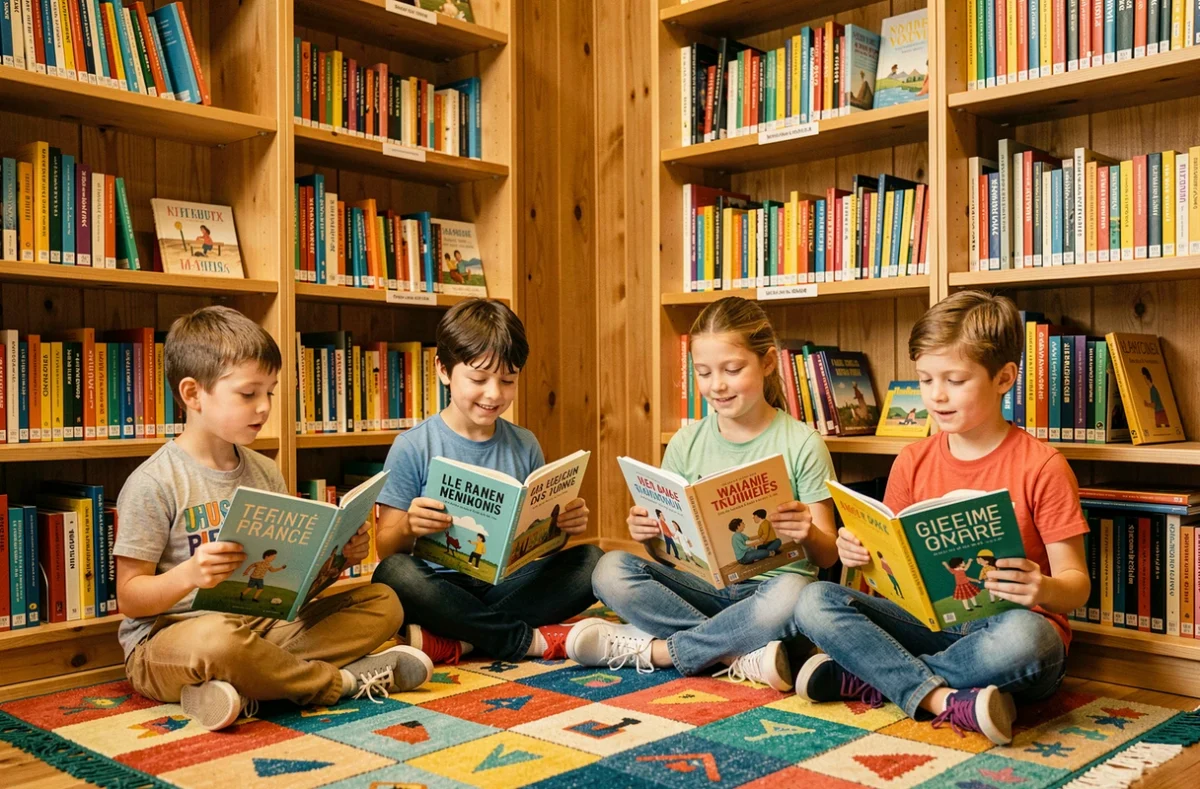 Enfants lisant des livres bilingues dans un coin bibliothèque de la Lennen Bilingual School