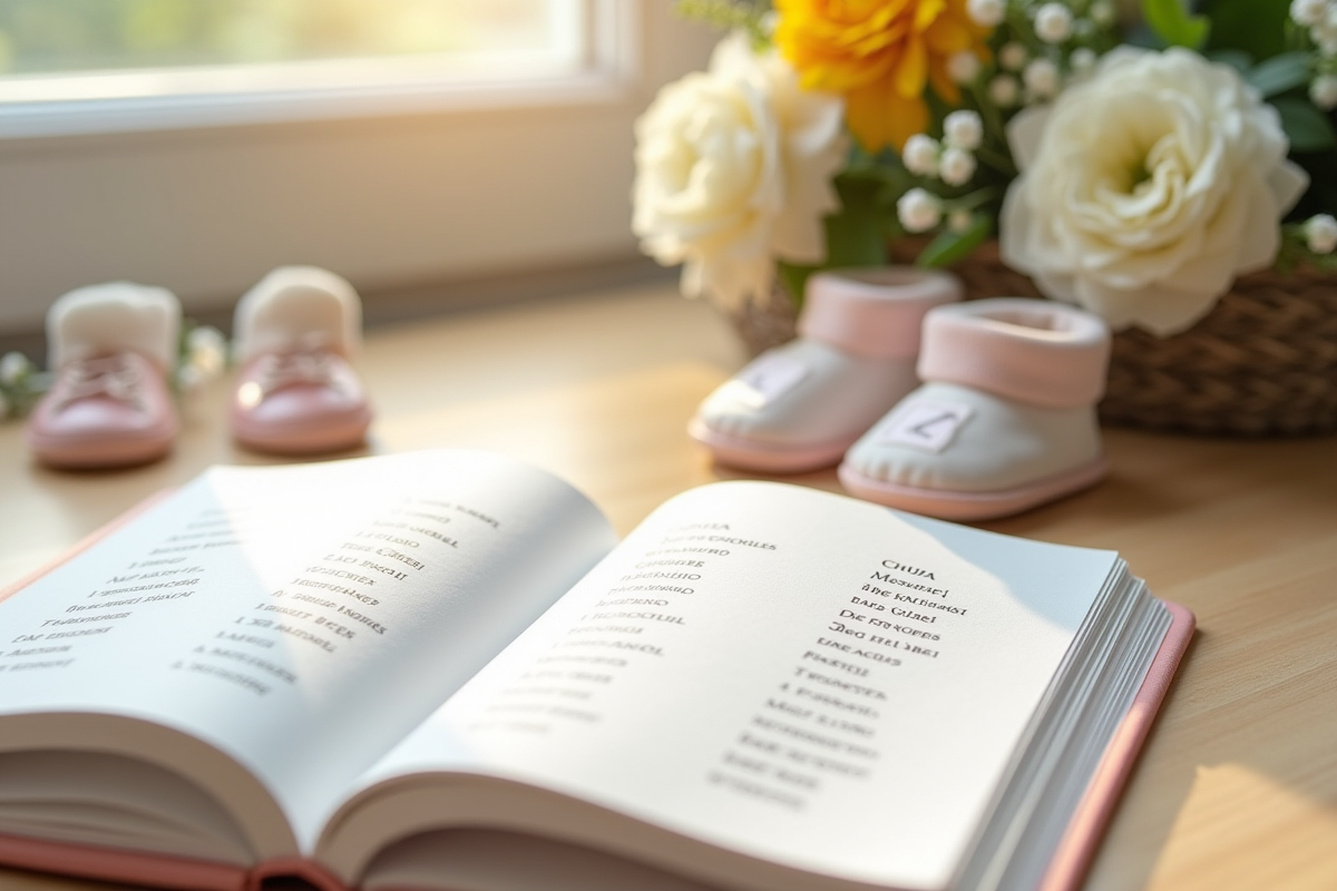 Livre ouvert avec des noms de bébé commençant par A et des fleurs fraîches