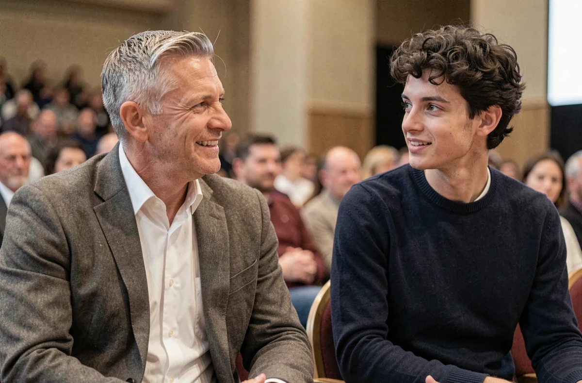 Père et fils Lizarazu en conversation lors d'un événement sportif ou culturel en intérieur