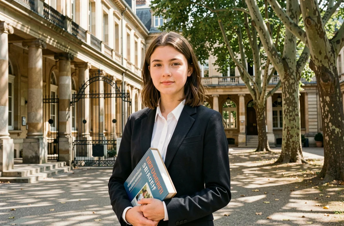 Lycéenne devant l'architecture classique du Lycée International Georges Duby en PACA