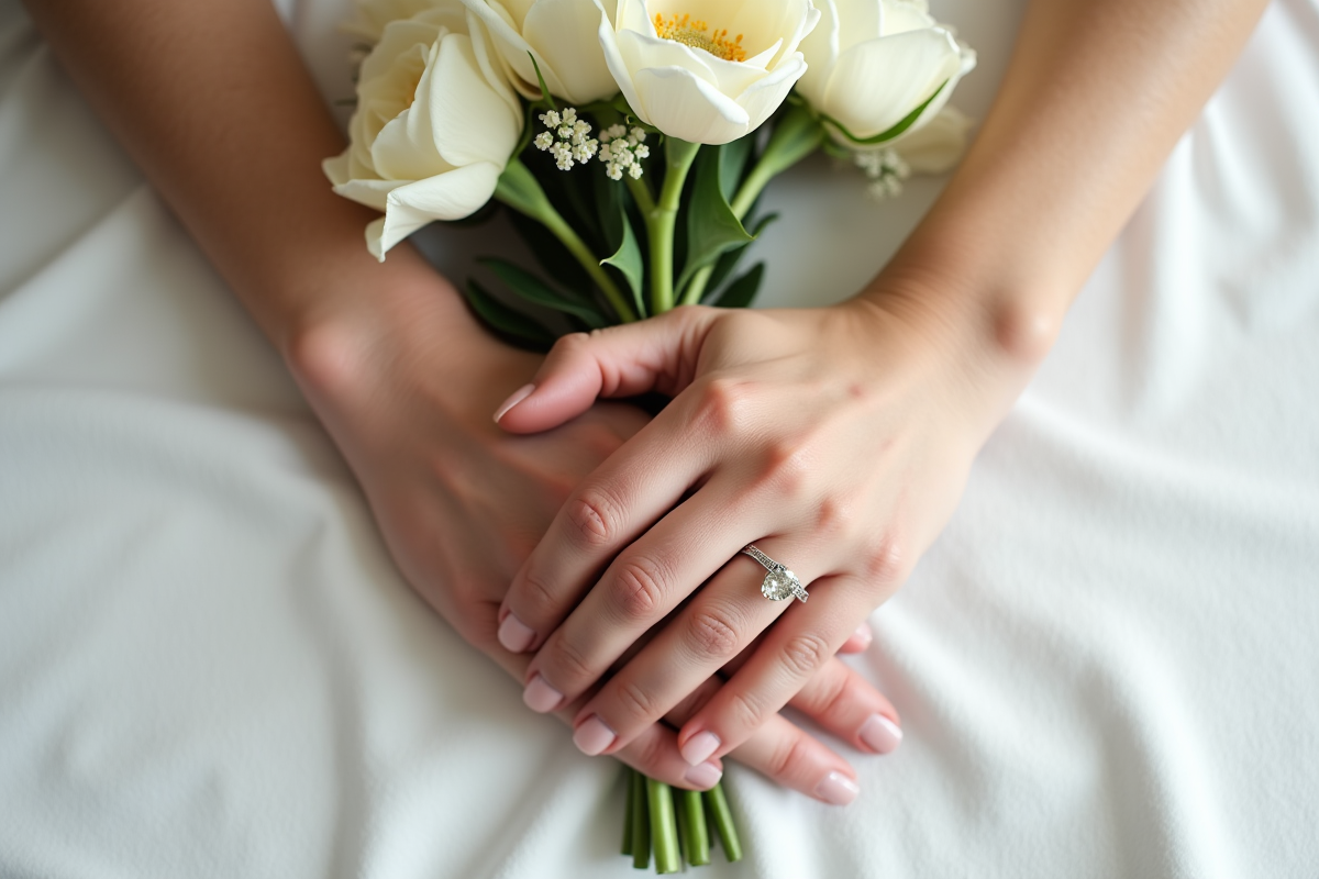 Mains entrelacees avec bagues et bouquet de fleurs