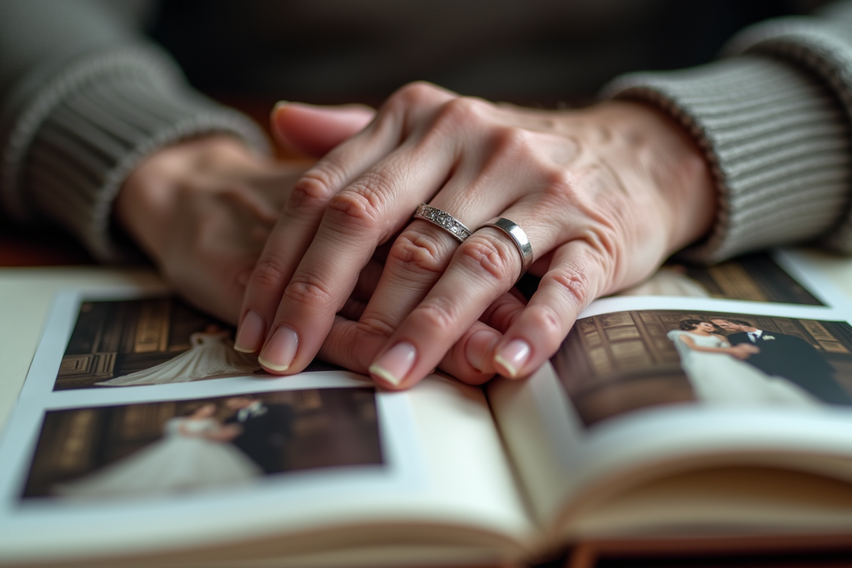 Mains âgées sur un album photo de mariage en gros plan