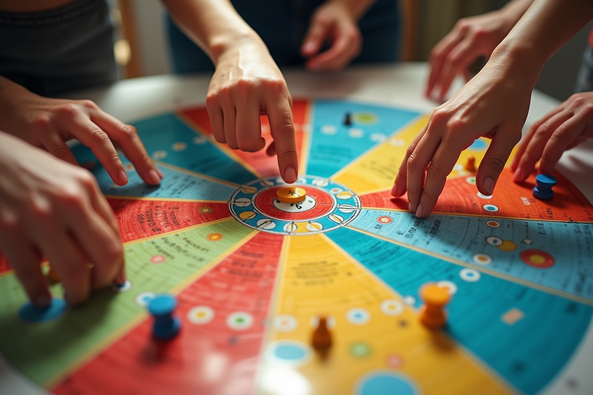 Mains atteignant des jetons sur un jeu coloré