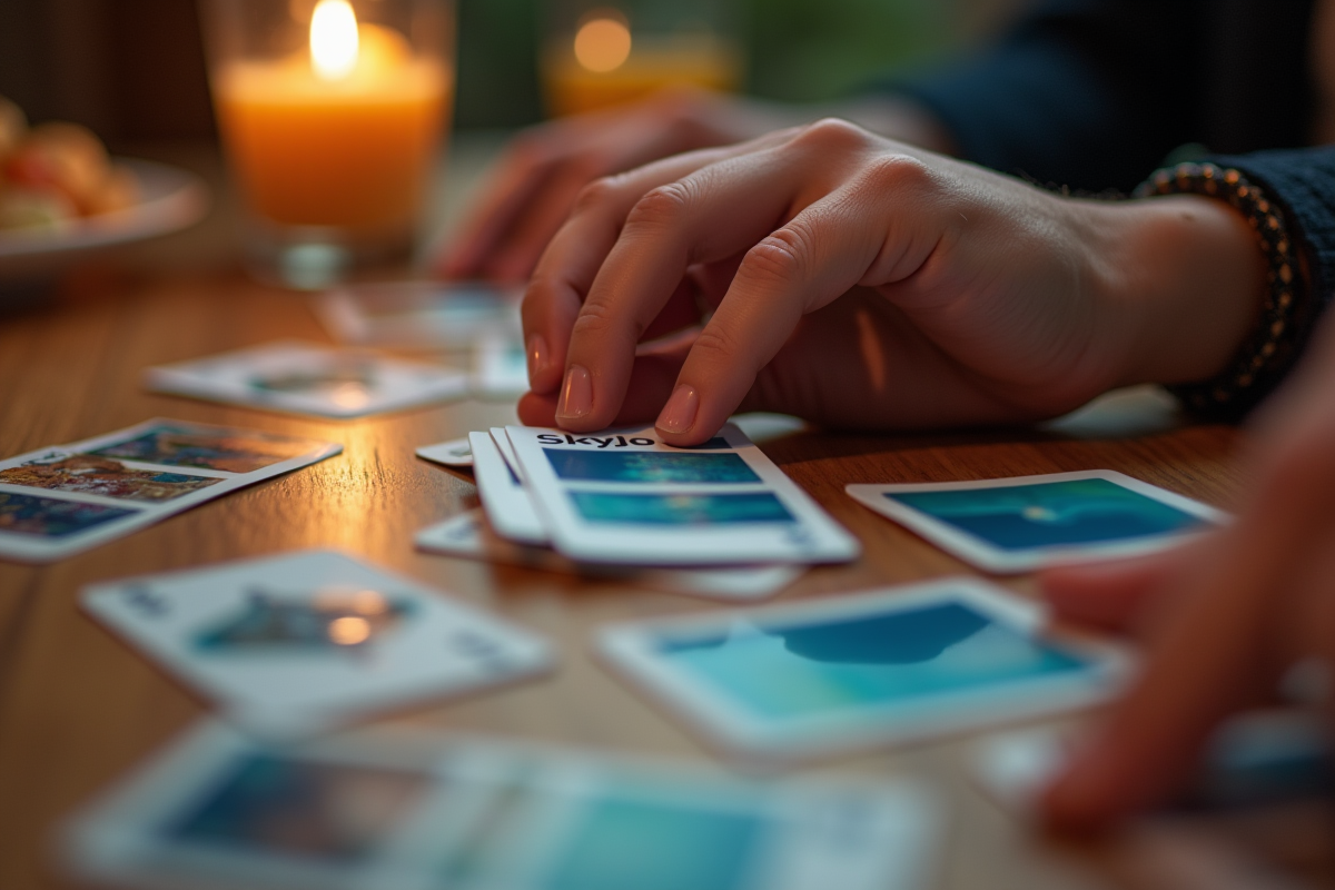 Mains triant des cartes Skyjo sur une table propre